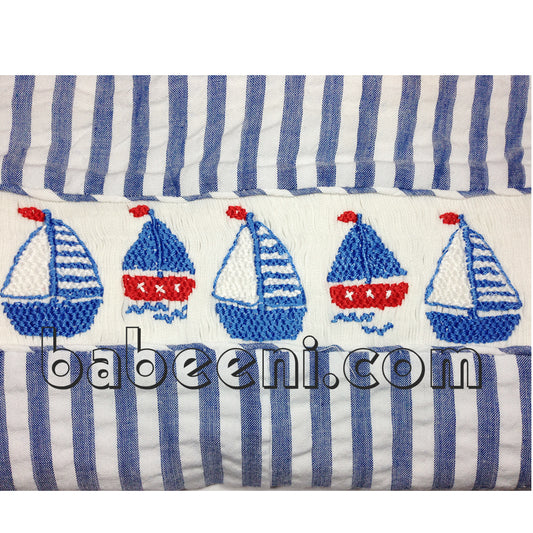 Sail boat hand smocked boy shortall - BC 529