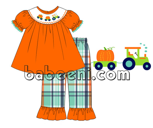 Cute pumpkin truck smocked outfit for girl - DR 2512