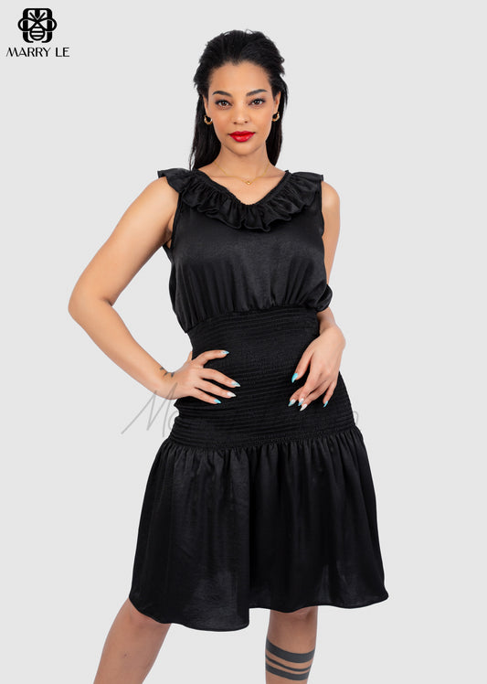 LOVELY BLACK SLEEVLESS SATIN DRESS – MD251