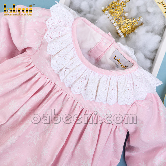 Pink snow flowers corduroy kids dresses for girls DR 3291