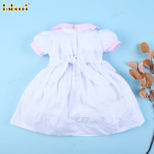 Honeycomb Smocked Dress In White And Pink Accent For Girl - DR3706