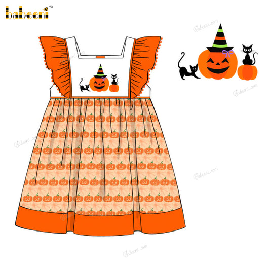 Girl Dress In Orange Pumpkin Hand Embroidered - DR3980