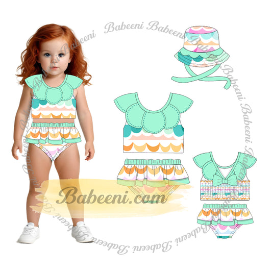 2-pieces swimsuit For girl with many colorful waves Spring-Summer pattern and green scalope hand embroidery - DR4219