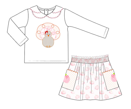 Girl Outfit Embroidered Turkey And Pumpkin - DR4006