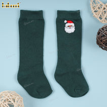 Kid Sock In Dark Green Santa Claus Embroidered - HS34