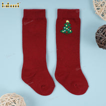 Kid Sock In Dark Red Santa Christmas Embroidered - HS36