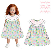 Girl dress 4.0 woven print with pink flower hand smocked embroidery - DR4160