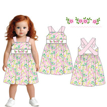 Girl dress woven 4.0 print with pink flower hand smocked embroidery - DR4171