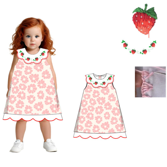 Girl dress 4.0 print with scallop strawberry hand embroidery - DR4154