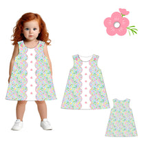 Girl dress woven 4.0 print with ping flower hand embroidery - DR4159